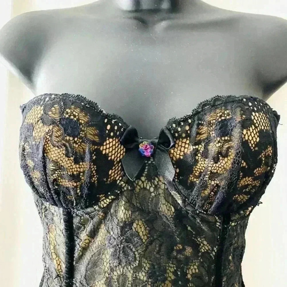 BUSTIER BLACK LACE MESH &  VELVET Size M - Picture 9 of 14